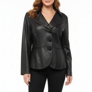 Anne Klein Coated Geniune Leather Jacket Moto Style Single Breasted Black Medium